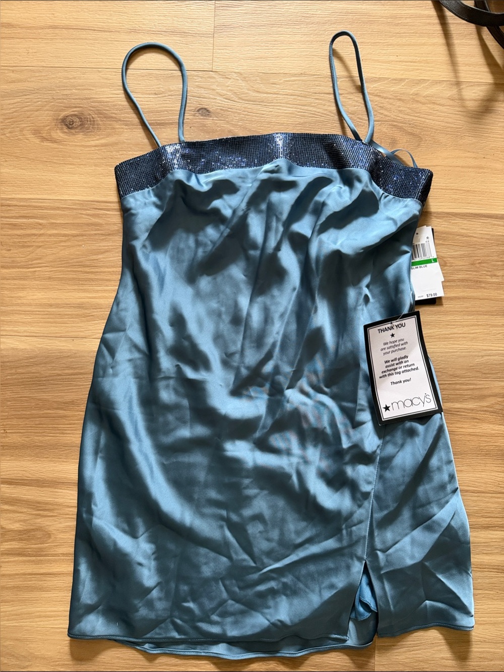 Macy's Teal Satin Cami Slip Dress with Sequin Trim